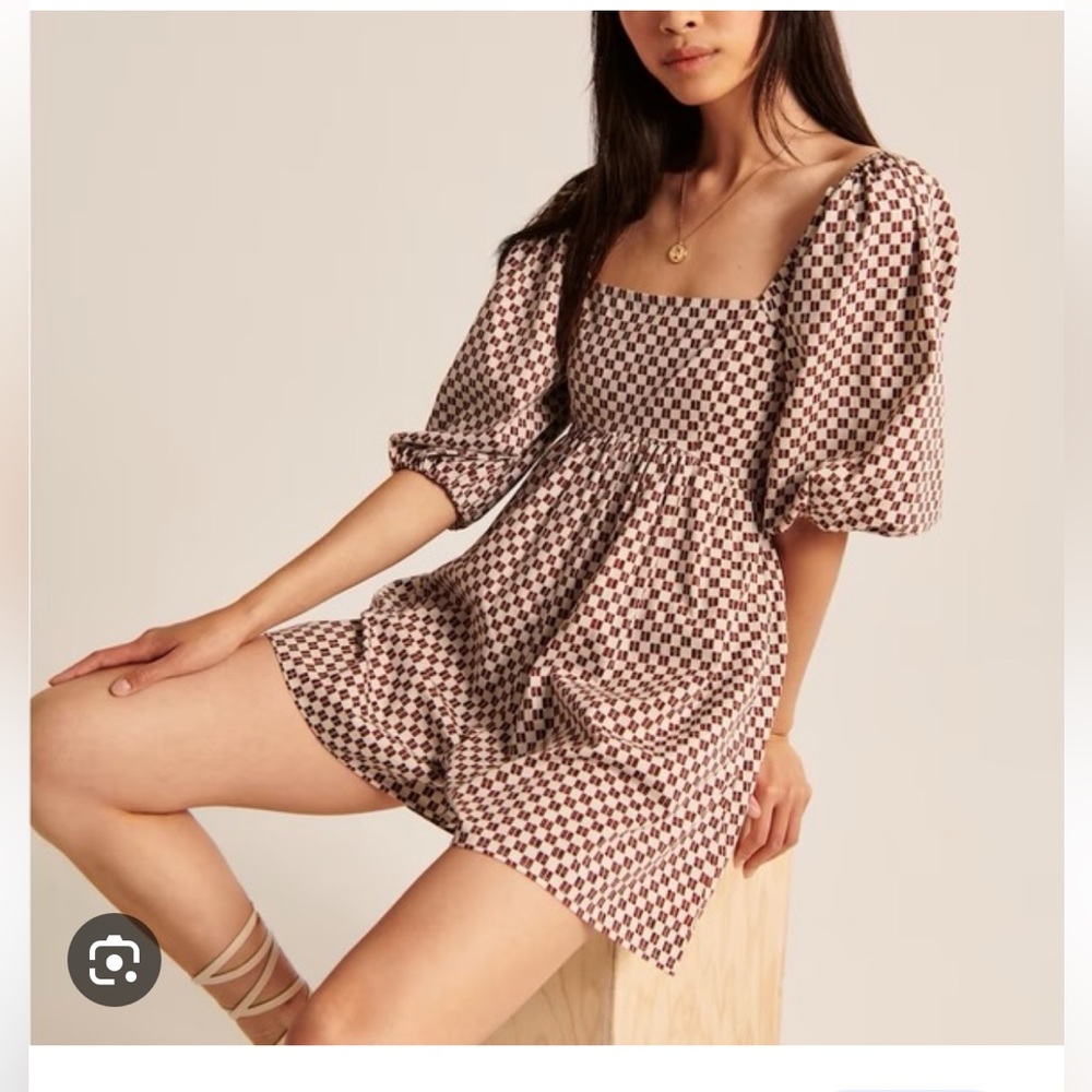 Abercrombie & Fitch Puff Sleeve Romper - Brown Checkered Pattern